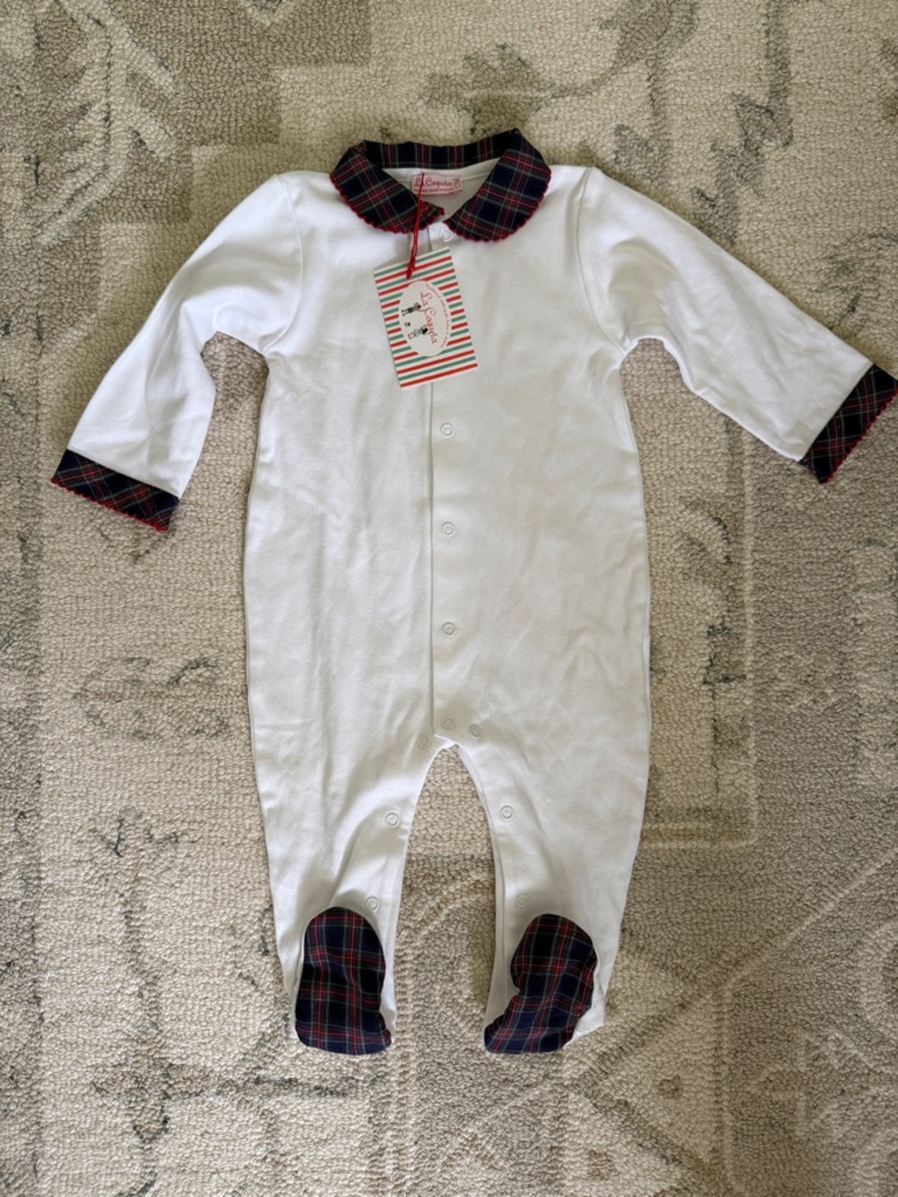 NWT La Coqueta White Footed One-Piece with Plaid Trim Baby Size 12 Months
